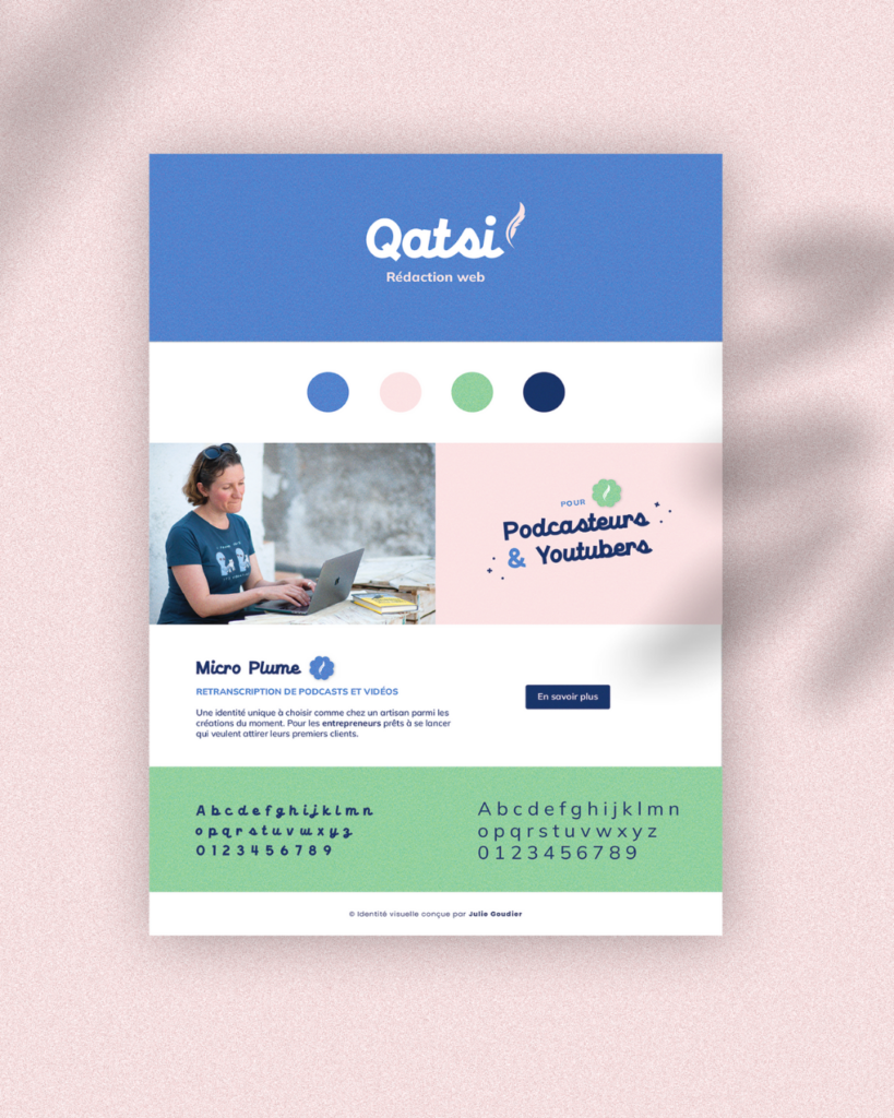 Planche de marque créée par Julie Goudier pour l'identité visuelle de Qatsi de l'entreprise Qatsi Rédaction web