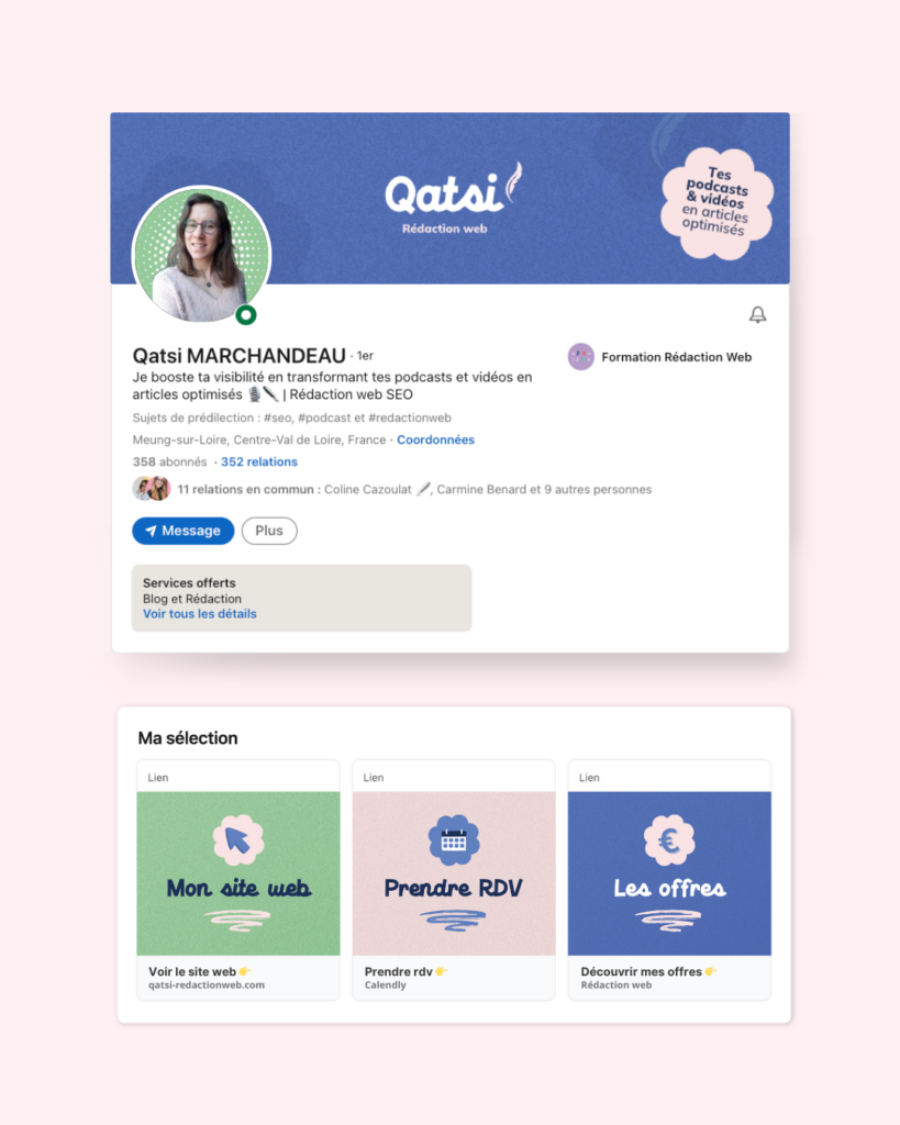 Visuels Linkedin créés par Julie Goudier pour l'identité visuelle de Qatsi de l'entreprise Qatsi Rédaction web