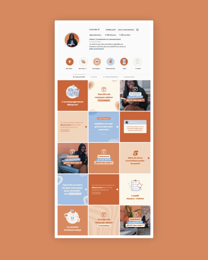 Feed Instagram créé par Julie Goudier pour l'identité visuelle de Solene Mizele de Moondo communication