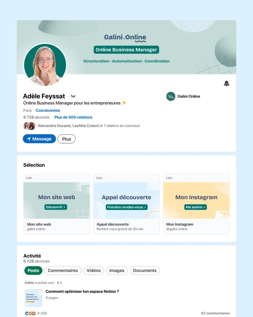 Kit Linkedin créé par Julie Goudier pour l'identité visuelle de Adèle Feyssat de Galini Online
