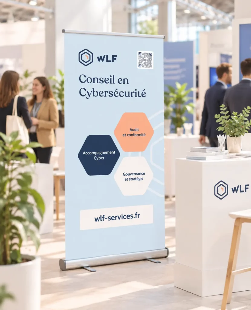 Kakemono conçu pour l’identité visuelle de WLF Conseil en Cybersécurité, présenté sur un salon professionnel