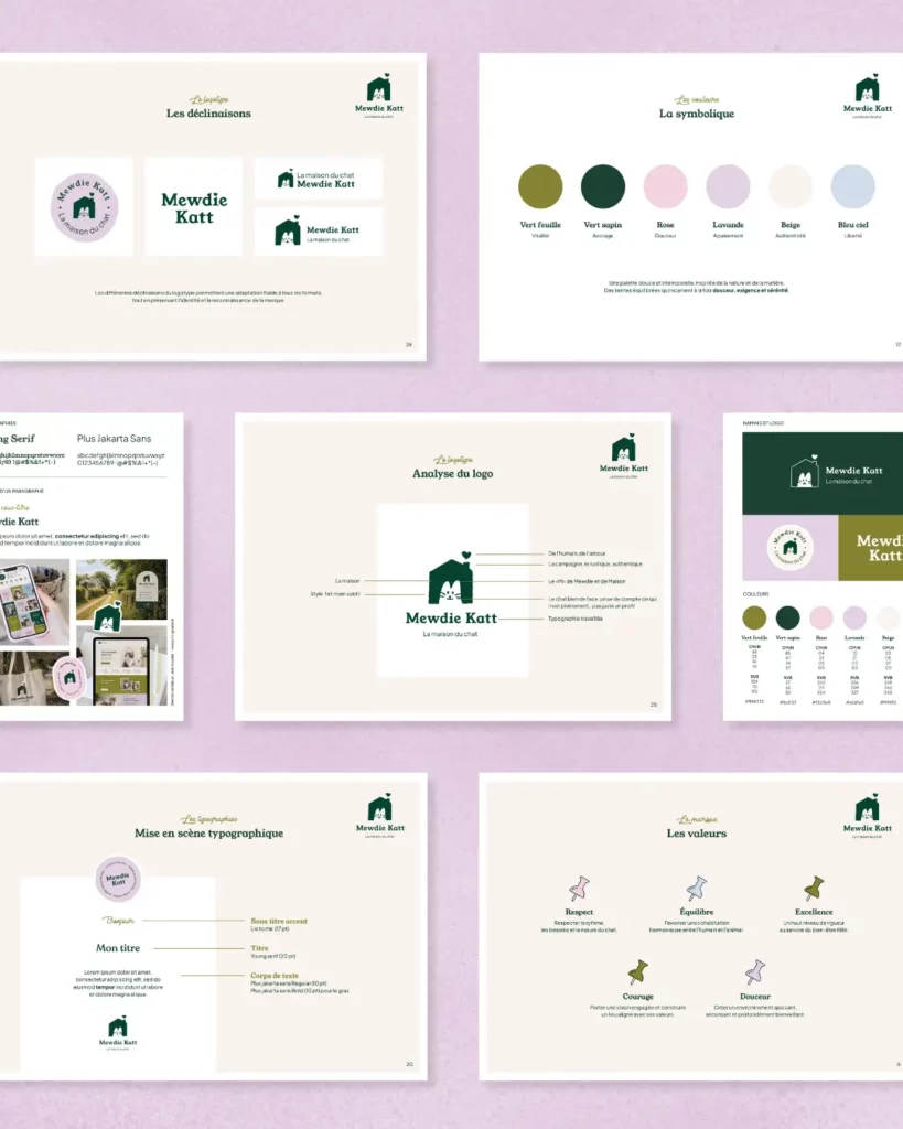 Charte graphique créée par Julie Goudier, designer de marque à Nantes, pour l'identité visuelle de Mewdie Katt