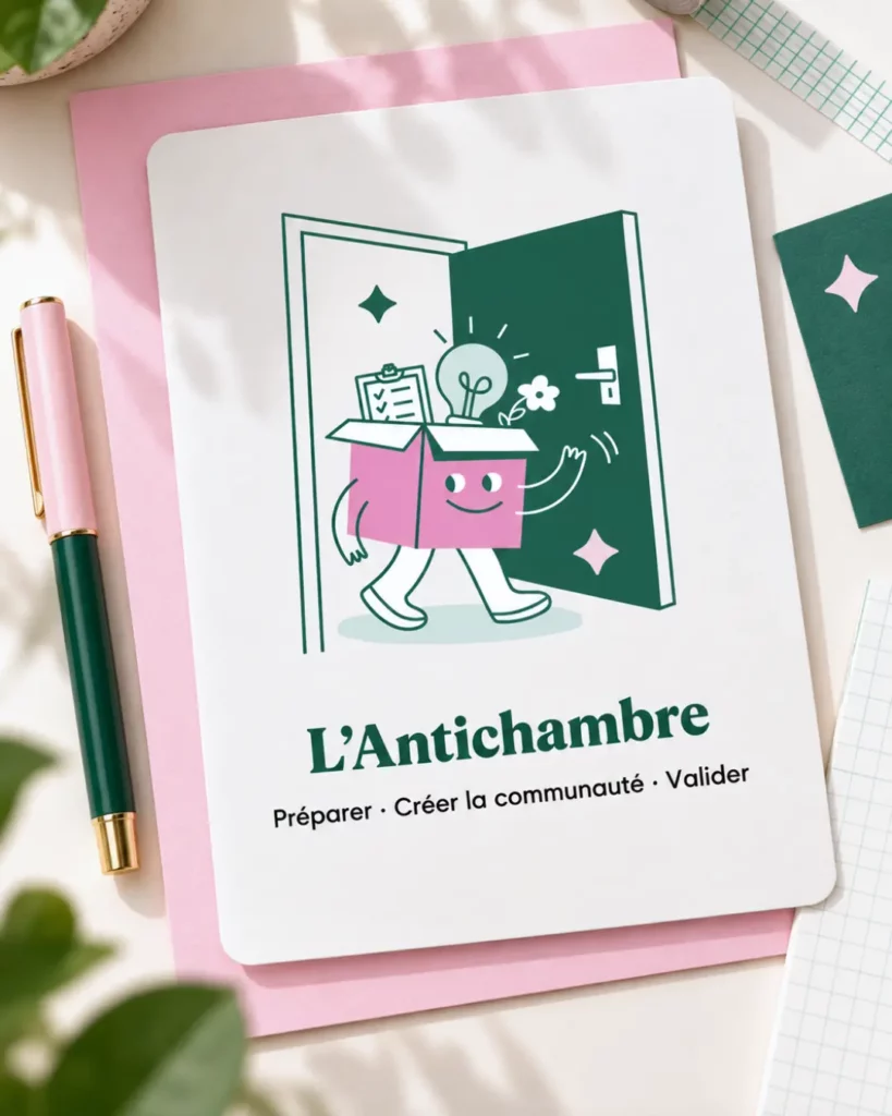 Illustration présentant l’offre marketing de The Crowdfunding Factory, dans son univers graphique rose et vert.