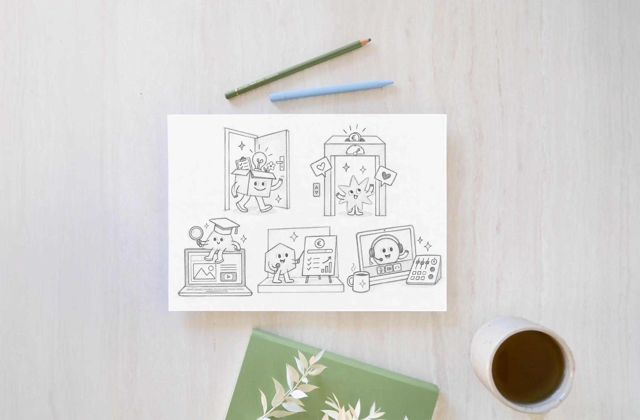 Croquis des illustrations marketing créées par Julie Goudier pour les offres de The Crowdfunding Factory