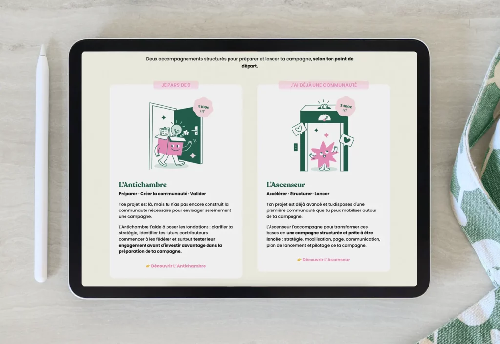 Mockup llustration offre marketing créée par Julie Goudier pour le site web de The Crowdfunding Factory